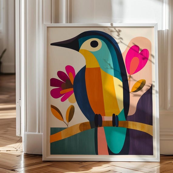 Colorful Abstract Bird Art Modern Boho Wall Decor Geometric Whimsical Art For Home Or Office