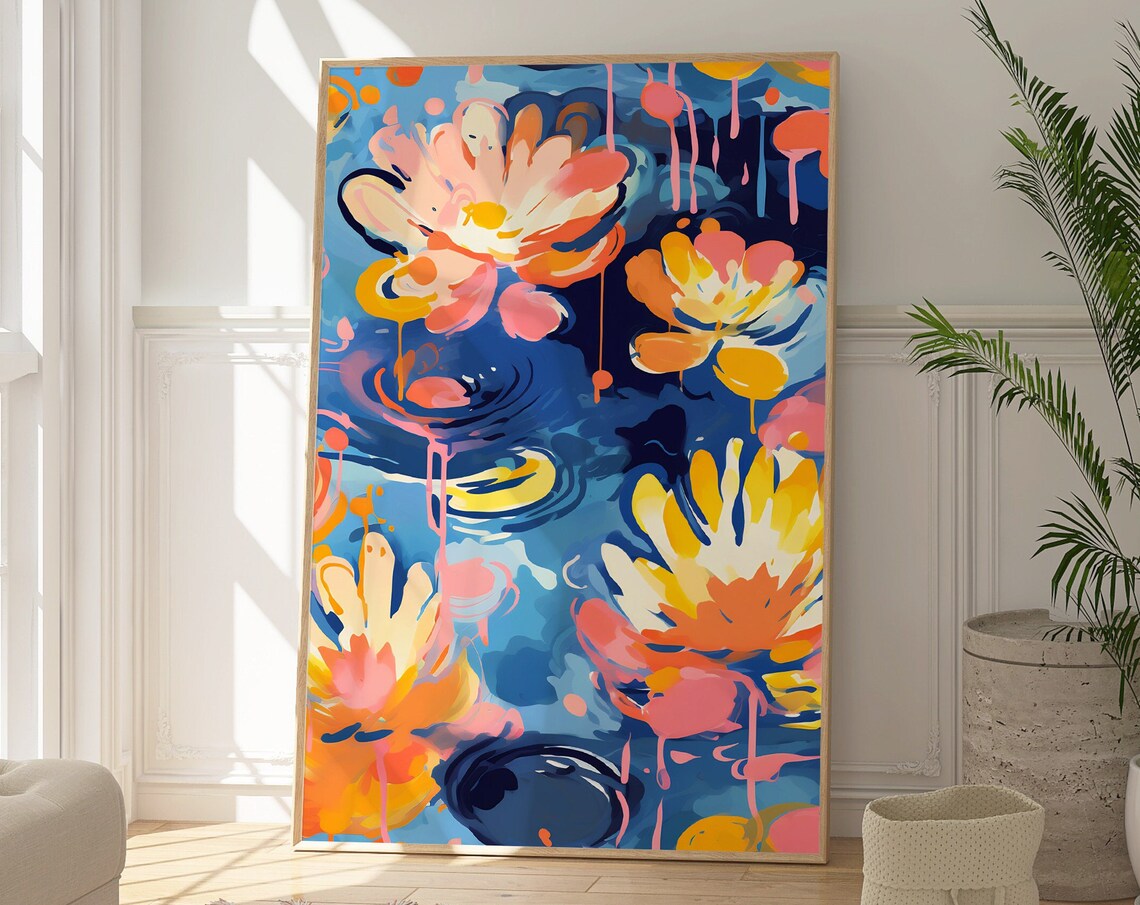 Abstract Water Lilies Colorful Floral Pond Blue Background Art