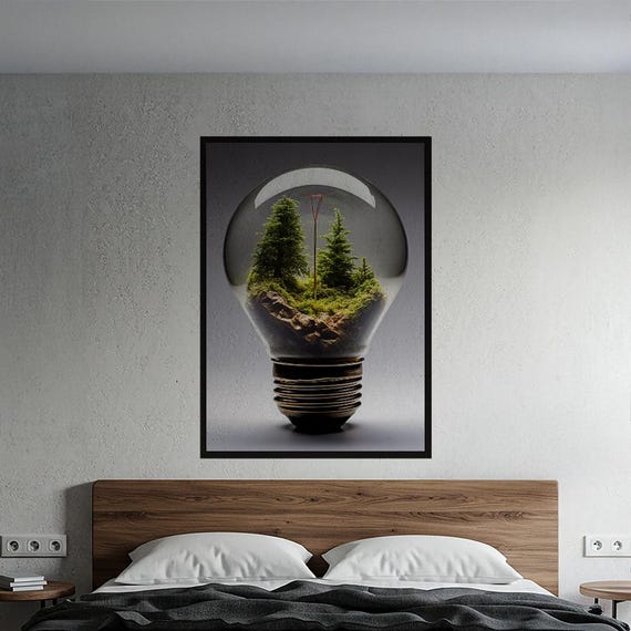 Natures Glow Light Bulb Poster Miniature Forest Terrarium Wall Art Modern Biophilic Home Decor Unique Ecofriendly Print