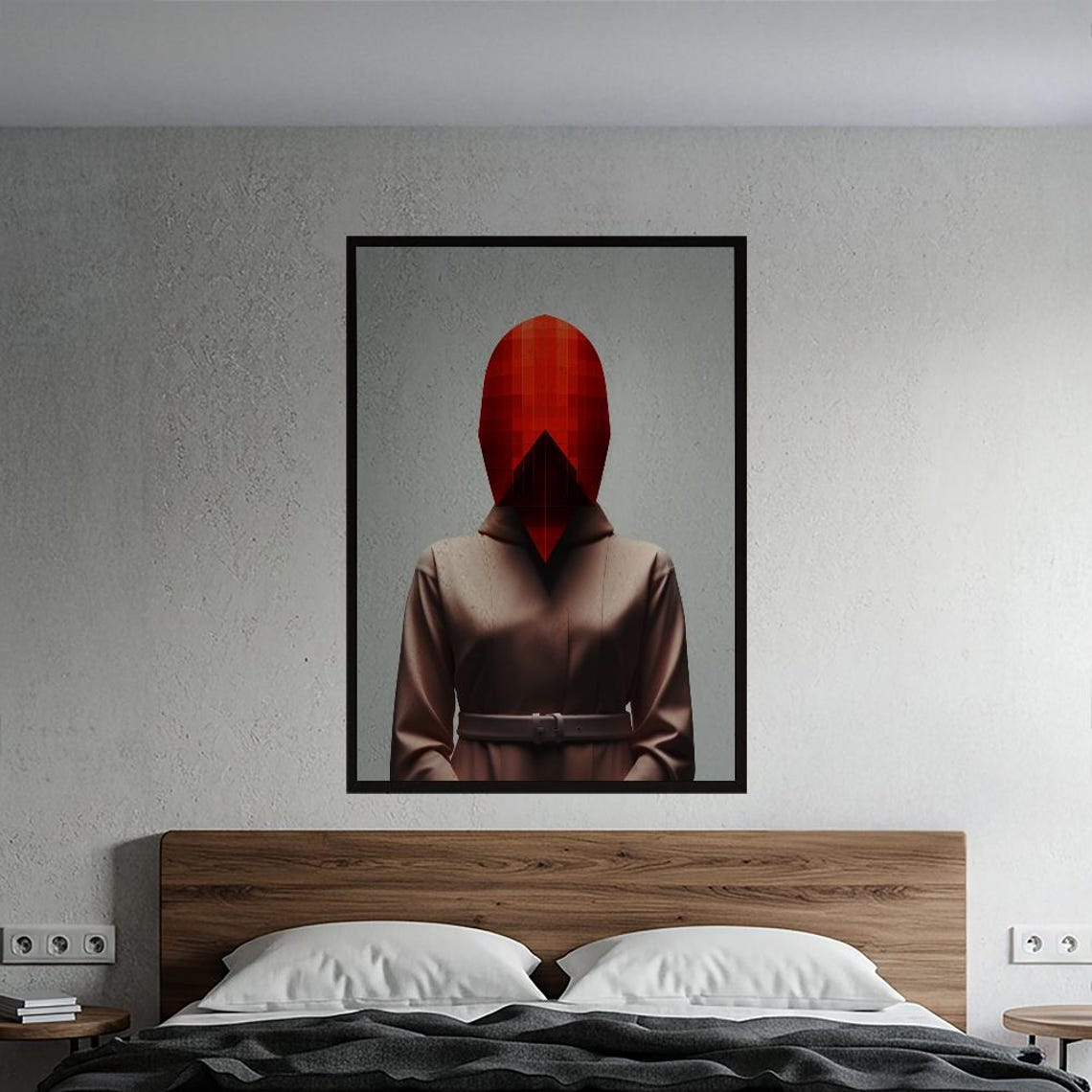 Crimson Enigma Faceless Red Hood Figure Surreal Modern Art Poster