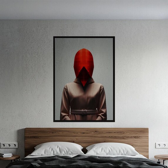 Crimson Enigma Abstract Geometric Art Print Modern Matte Vertical Poster Faceless Figure Wall Decor Bold Statement