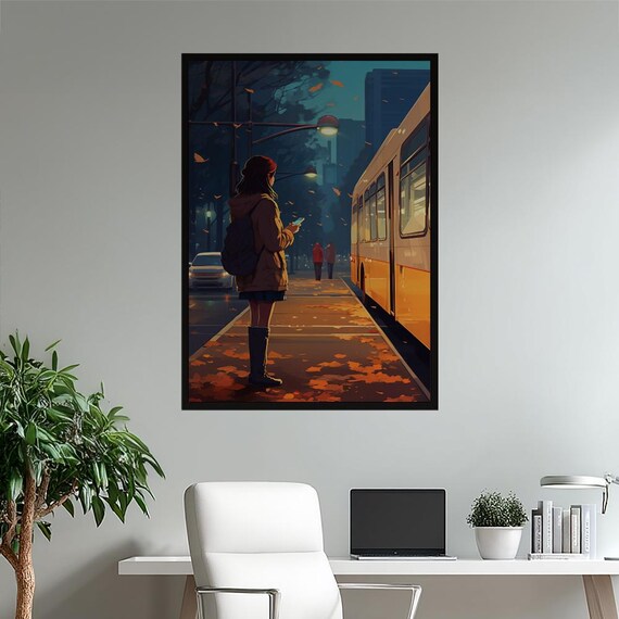 Autumn Night Bus Stop Lofi Anime Girl Cozy Fall Urban Poster