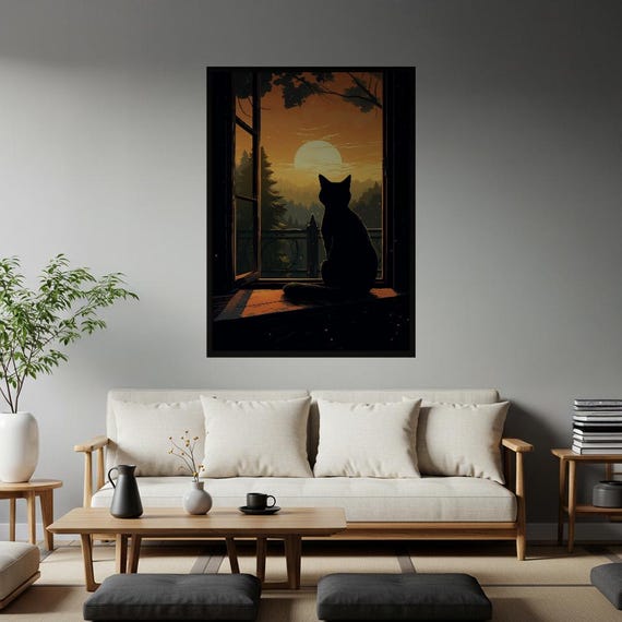 Black Cat Moon Gazer Poster Mystical Forest Sunset Wall Art Cozy Window View Print Serene Nature Home Decor Contemplative