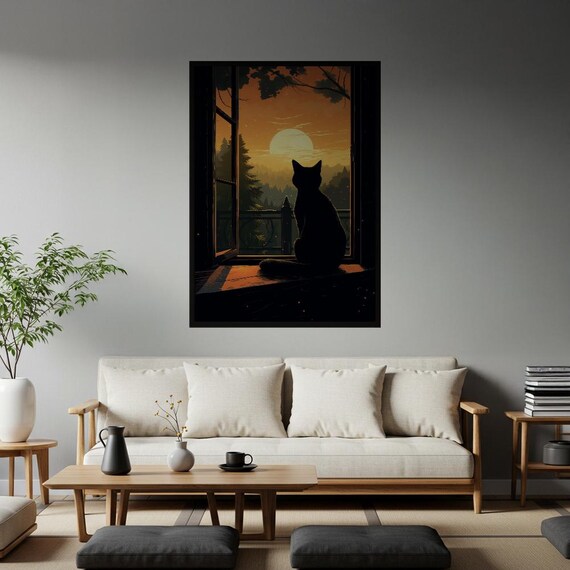 Cozy Black Cat Silhouette Sunset Window Forest Moody Wall Art