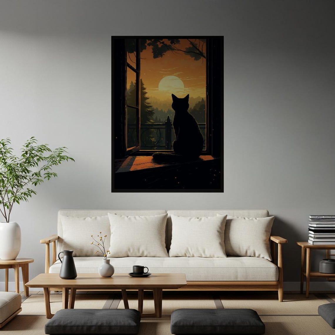 Cozy Black Cat Silhouette Sunset Window Forest Moody Wall Art
