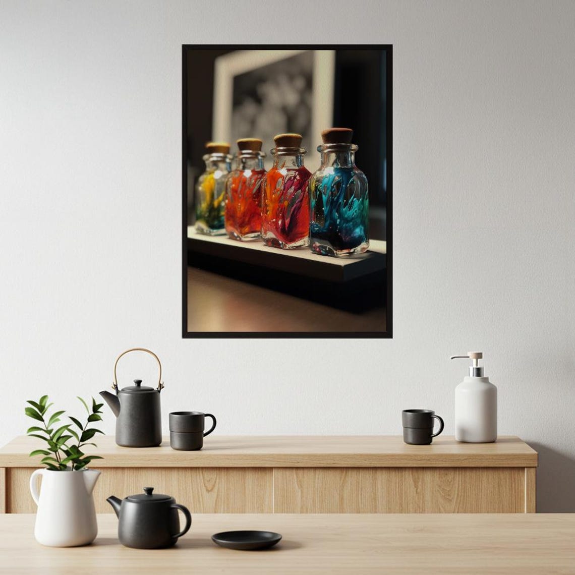 Colorful Glass Bottles Vibrant Painted Ink Still Life Art Poster