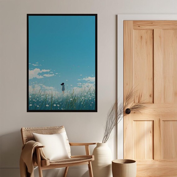Serene Landscape Matte Poster Dreamy Field Art Print Anime Style Wall Decor Peaceful Nature Illustration Contemplative Escapism