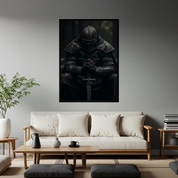 Dark Knight Kneeling with Sword Medieval Warrior Gothic Fantasy Poster