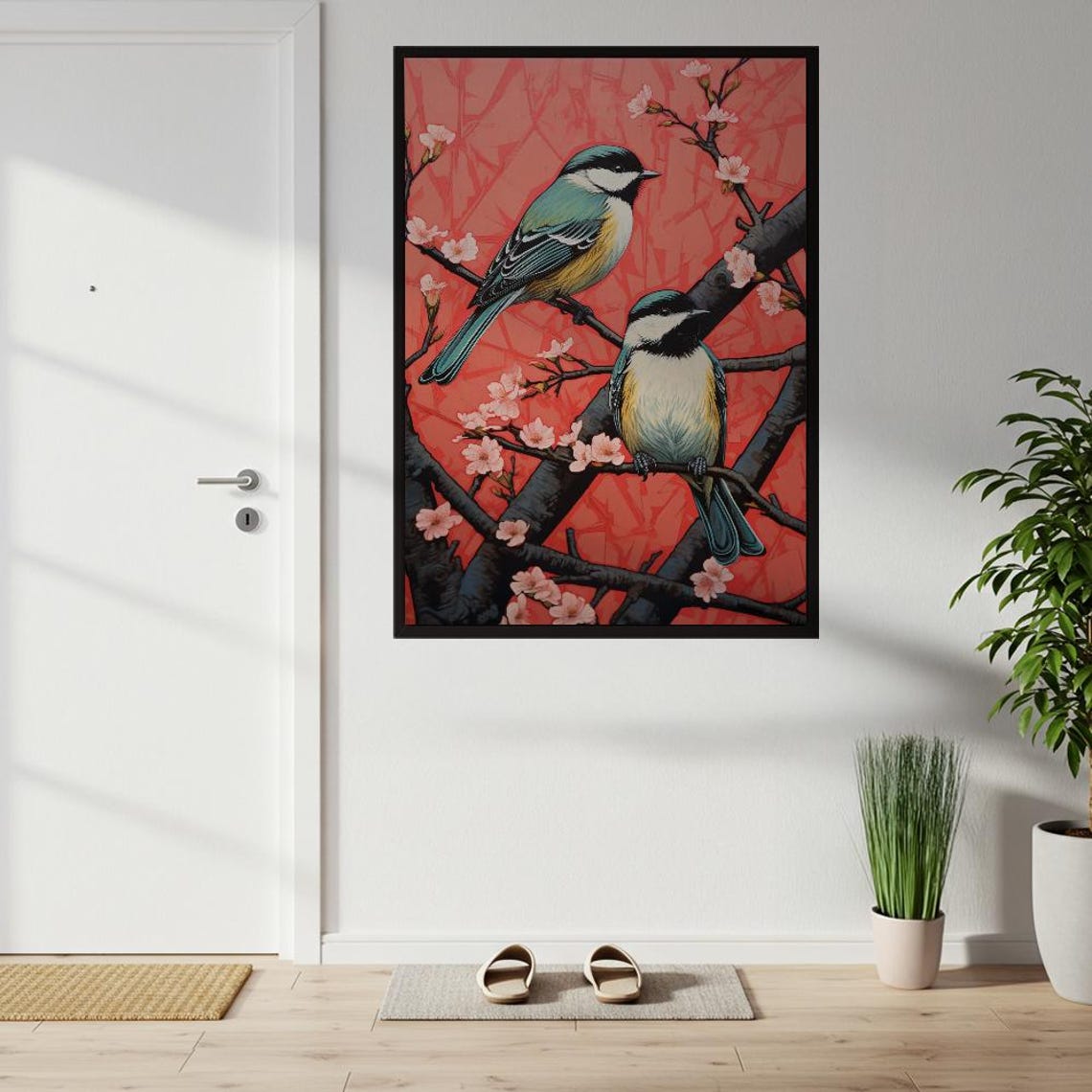 Two Chickadees On Cherry Blossom Branches Coral Red Bird Poster