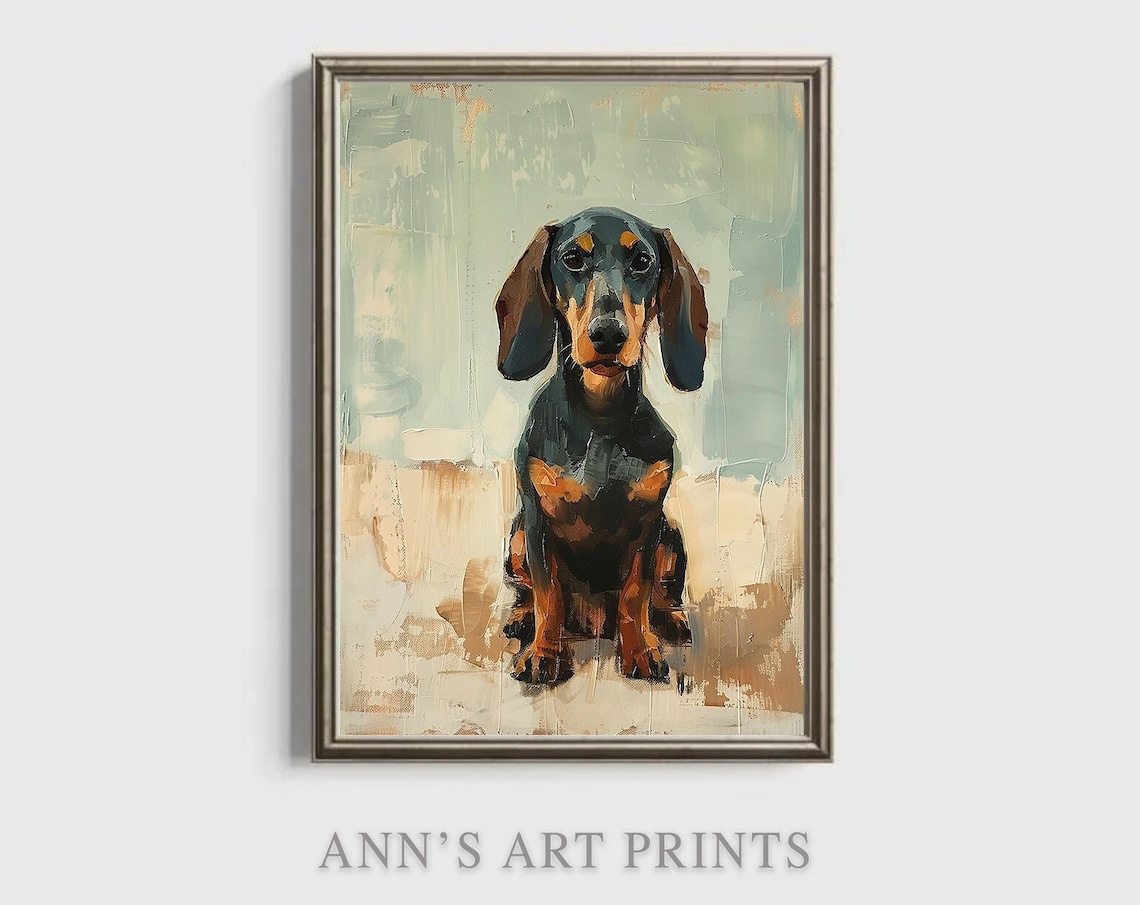 Dachshund Puppy Sitting Sage Green Beige Oil Painting Art Print