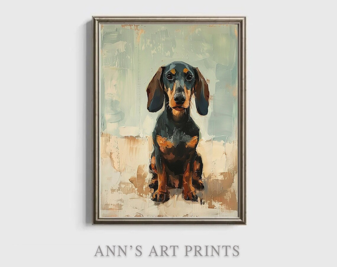 Dog Oil Painting Sausage Dog Wall Art Portrait Dachshund Pet Lover Print Instant Canine Animals Print At Home Decoration