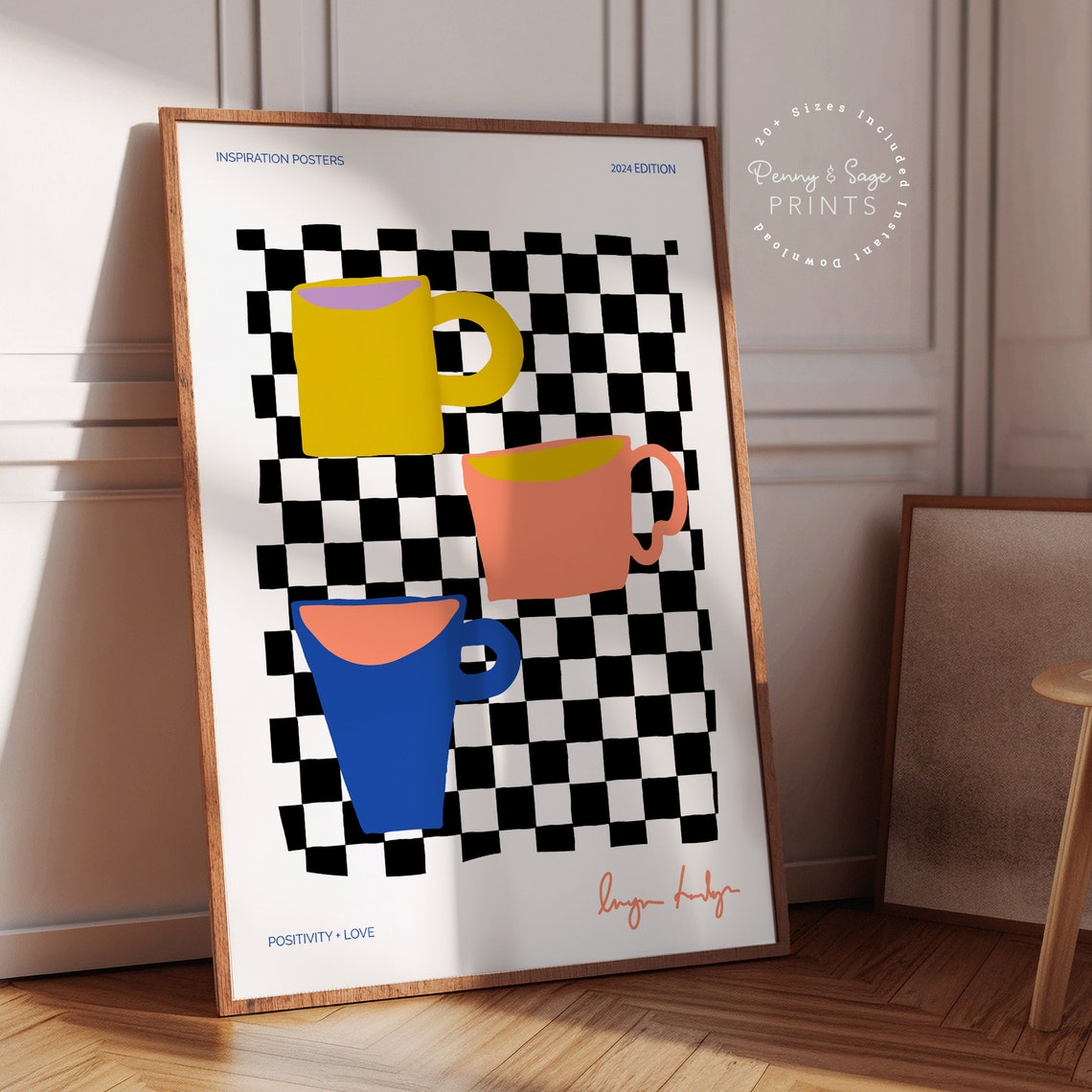 Retro Coffee Cups Checkerboard Poster Colorful Kitchen Wall Decor Gift - Image 2