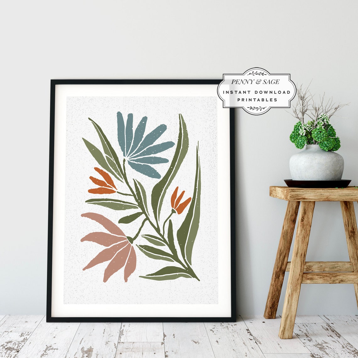 Muted Botanical Spray Pink Olive Rust Modern Floral Art Poster