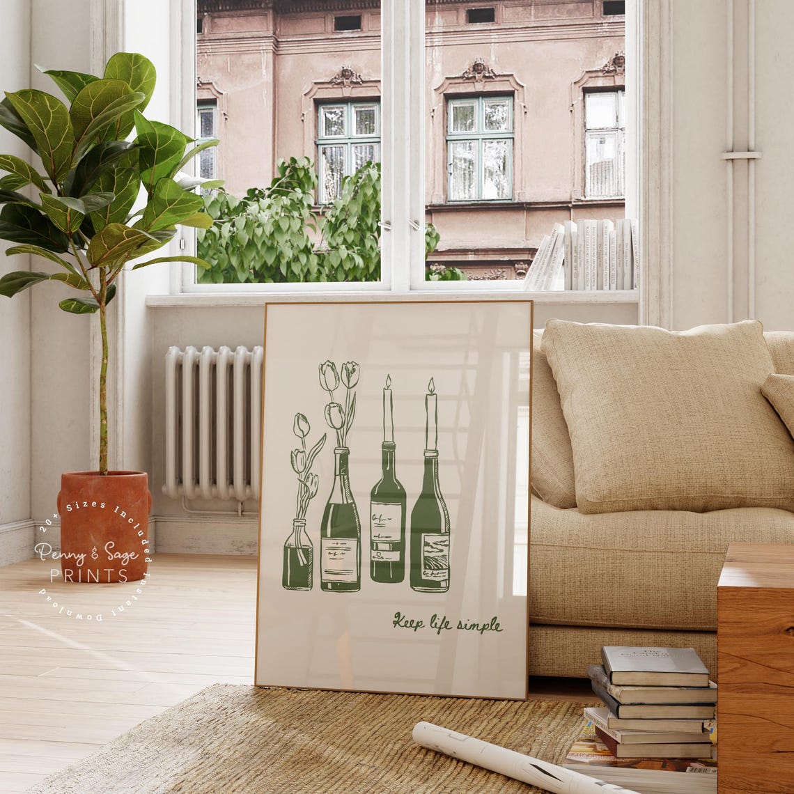 Keep Life Simple Green Wine Bottles Candles Tulips Art Poster