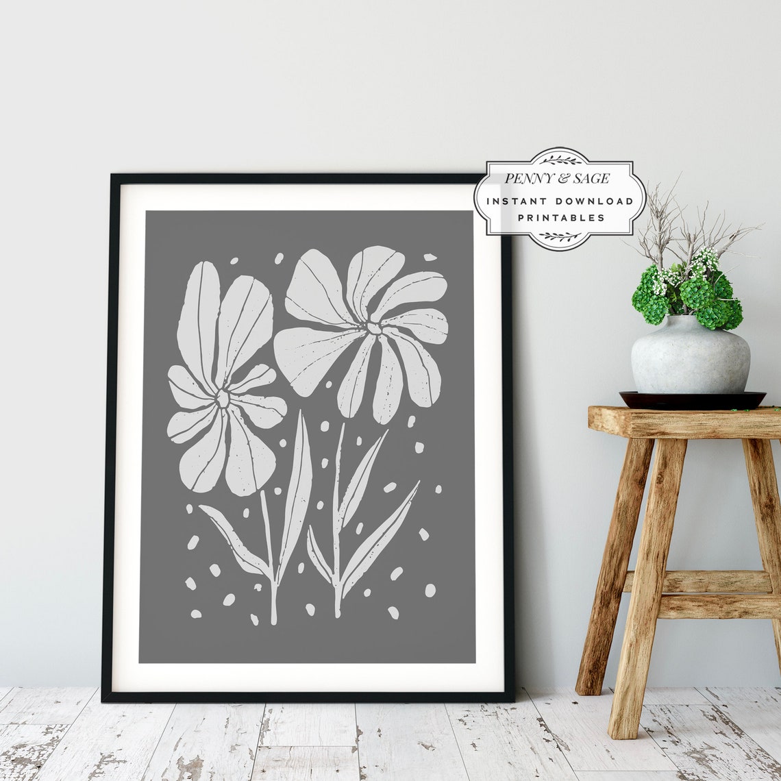 Grey White Line Art Flowers Minimalist Neutral Botanical Poster