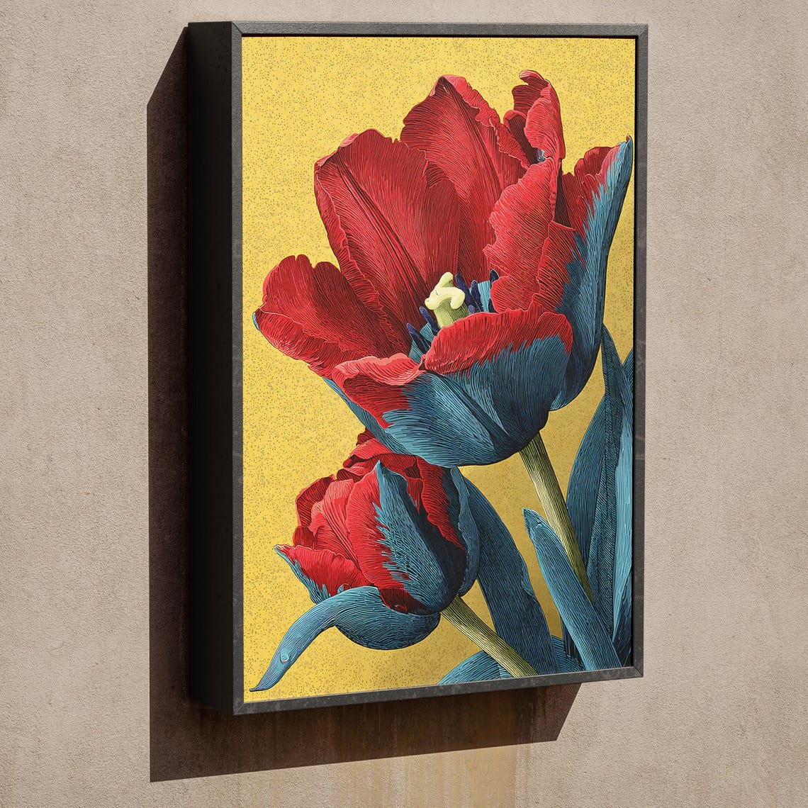 Retro Red Blue Tulips Botanical Illustration Gold Art Poster