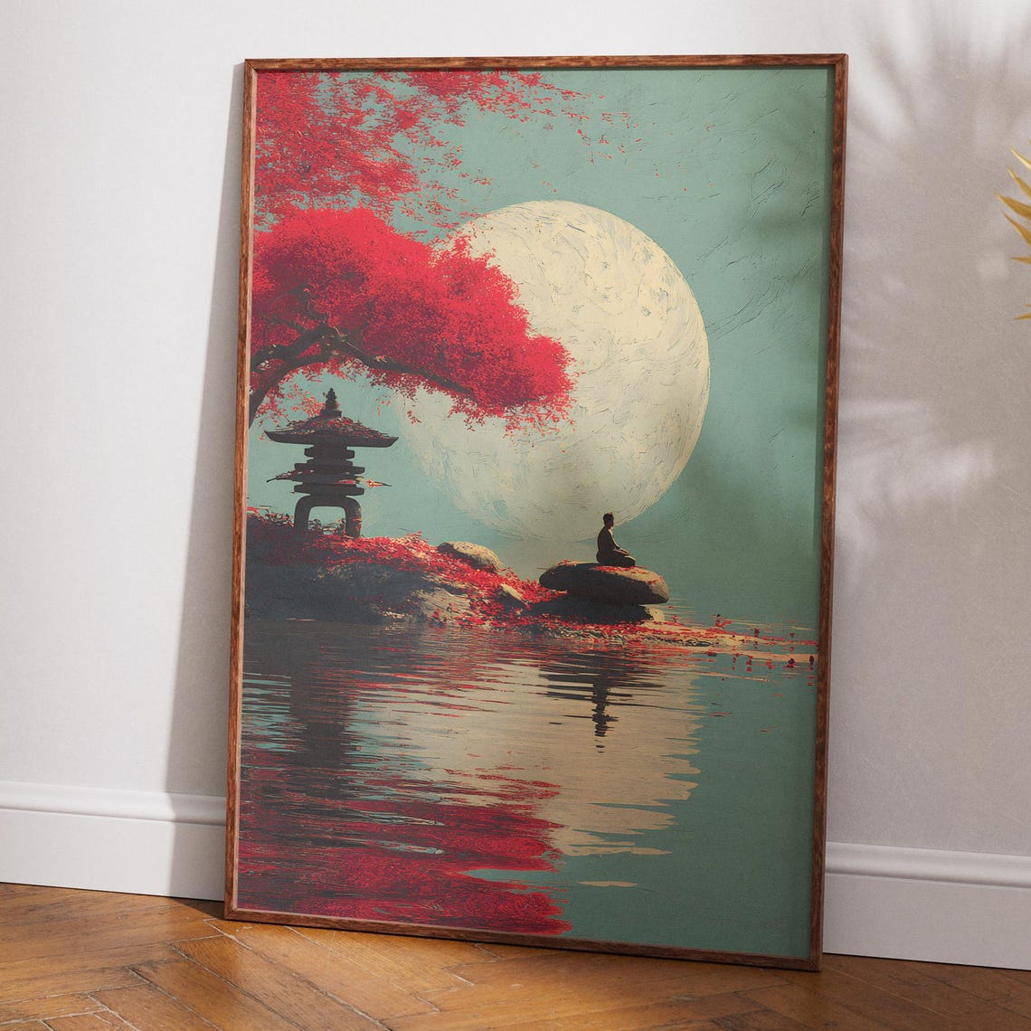 Japanese Zen Red Maple Pagoda Moon Meditation Landscape Poster