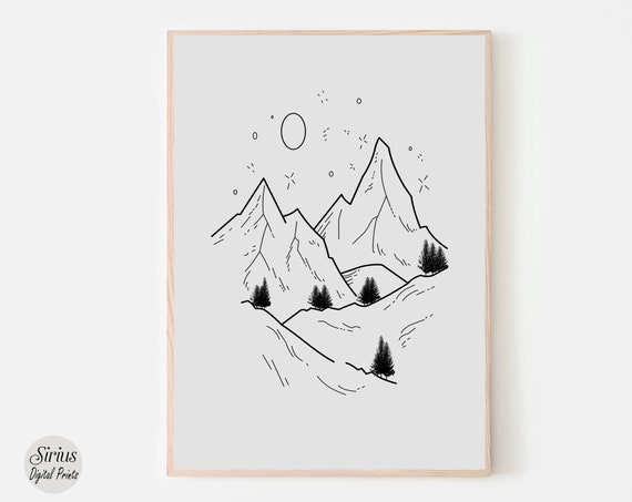 Minimalist Mountain Line Art Wall Landscape Drawing Poster Nature Home Decor Scenery Print