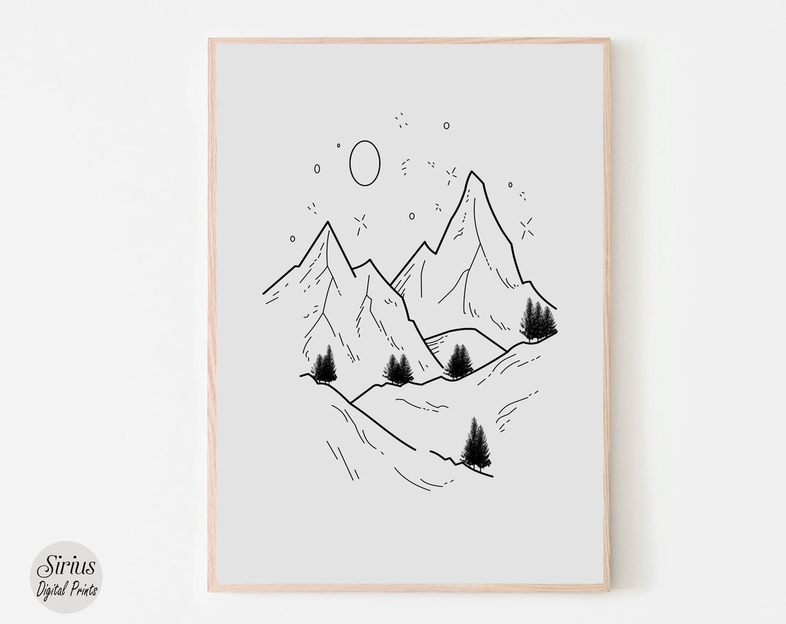 Minimalist Mountain Line Art Wall Landscape Drawing Poster Nature Home Decor Scenery Print