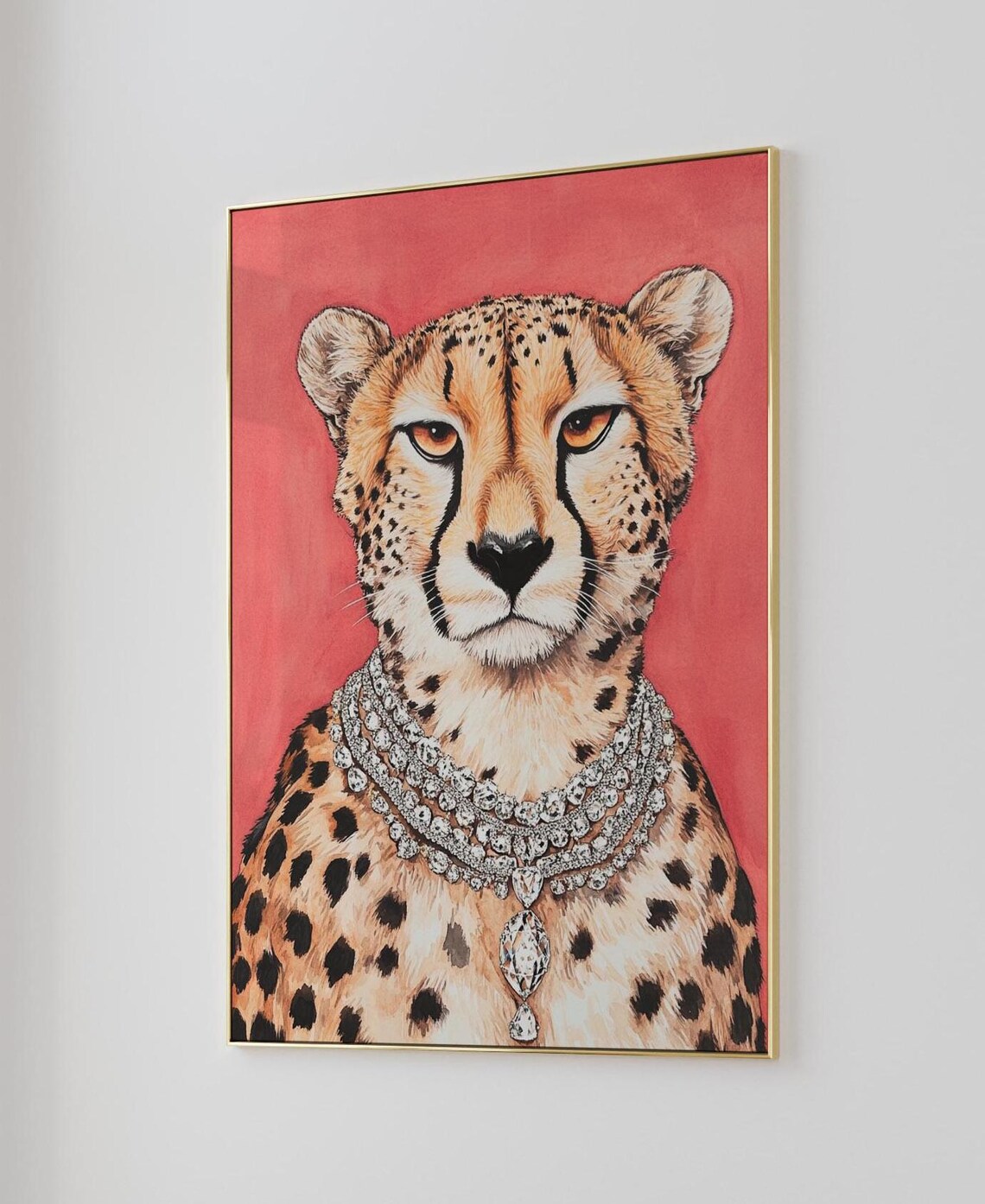 Regal Cheetah Wearing a Diamond Necklace Pink Portrait Poster - Image 2