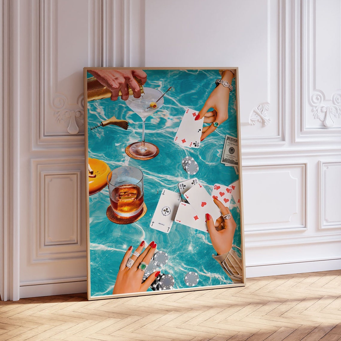 Turquoise Poolside Poker Cards Cocktails and Chips Scene Poster - Image 3