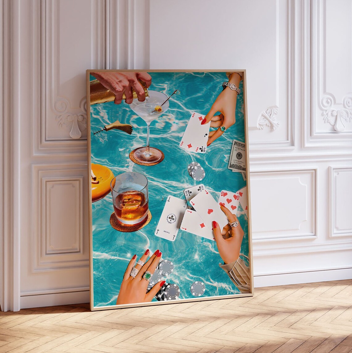 Vintage Blue Playing Cards, Retro Bar Cart Art Print - Image 3