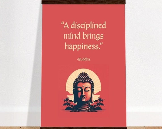 Buddha Poster With Magnetic Wooden Hanger Minimalist Zen Inspirational Wall Art A Disciplined Mind Brings Happiness Red