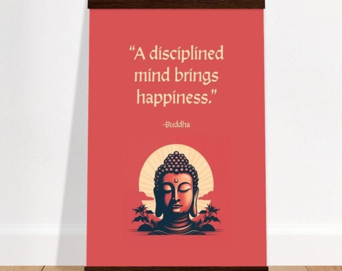 Buddha Quote Poster "A Disciplined Mind Brings Happiness" Red Zen Design