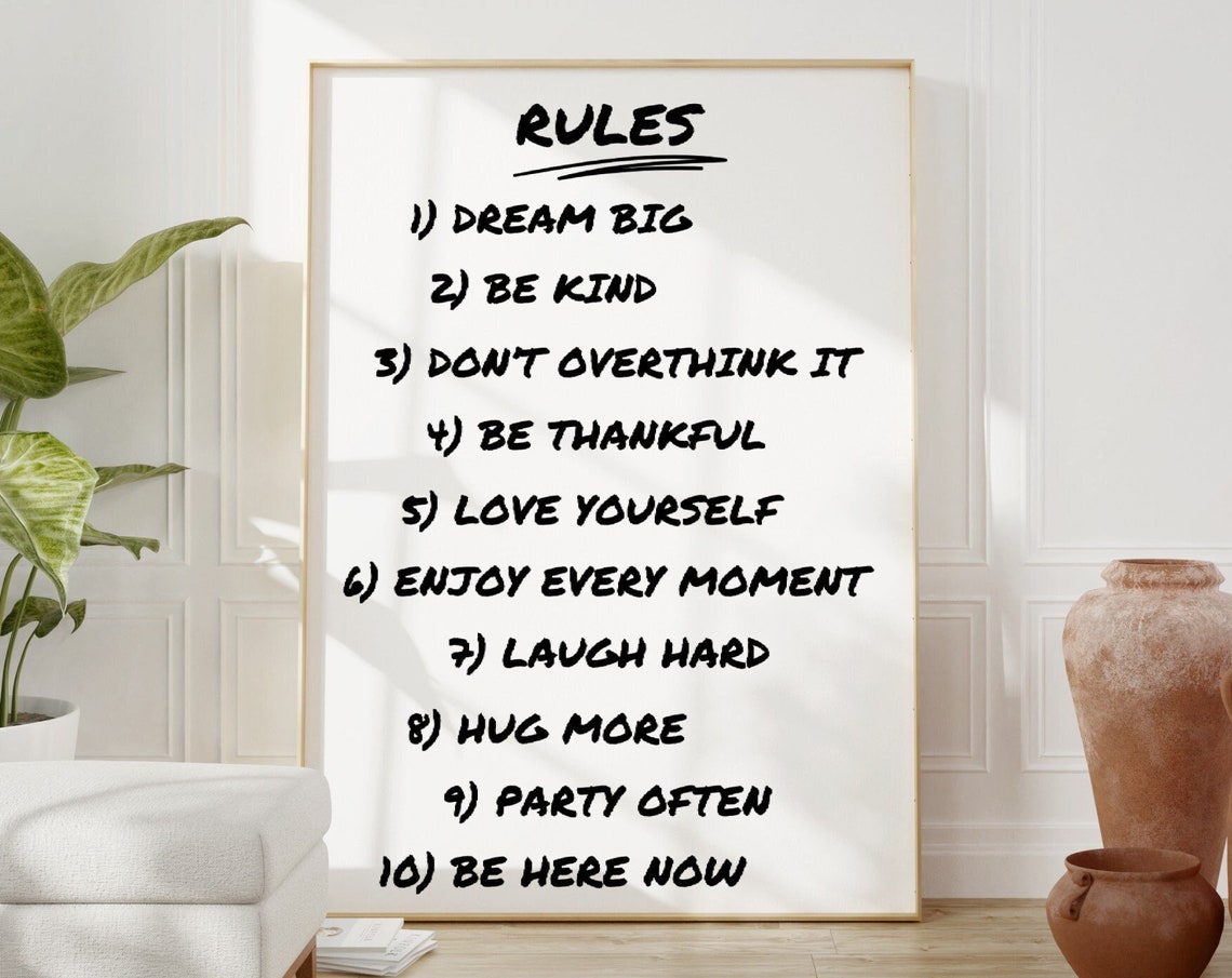 House Rules List Black White Inspirational Quote Typography Poster