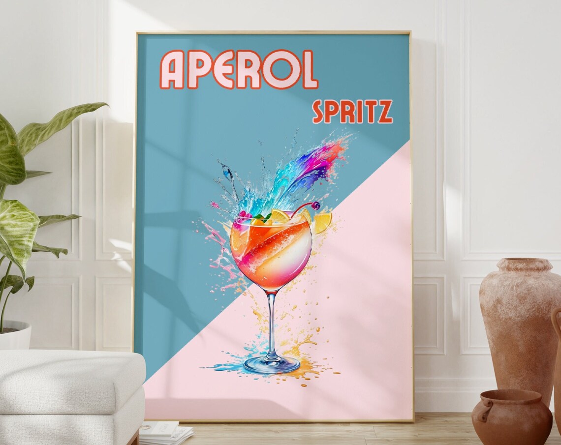 Aperol Spritz Retro Cocktail Poster Vintage Bar Pink Blue Splash Art - Image 4