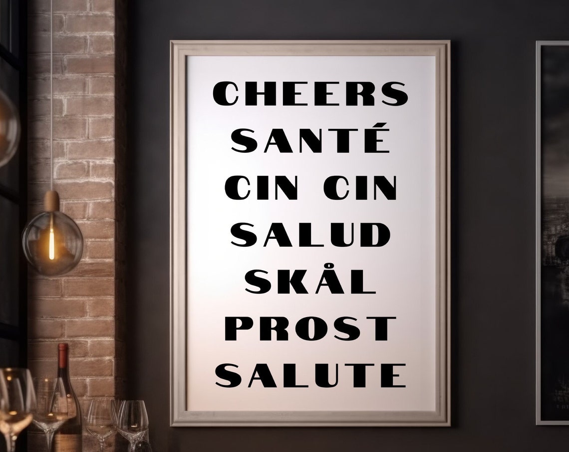 Cheers in Seven Languages Black Typography Bar Cart Art Poster - Image 3