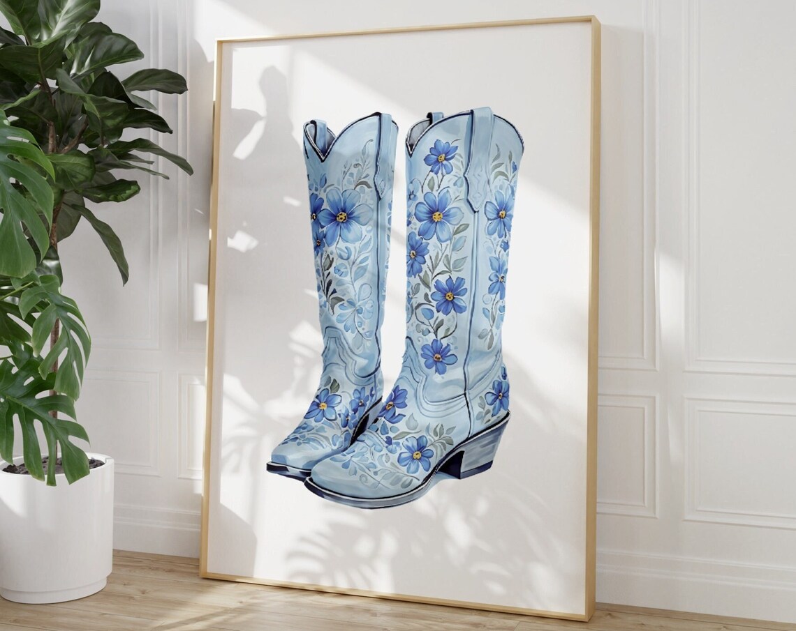 Blue Floral Cowboy Boots Chinoiserie Western Coastal Poster Fun Home Decor
