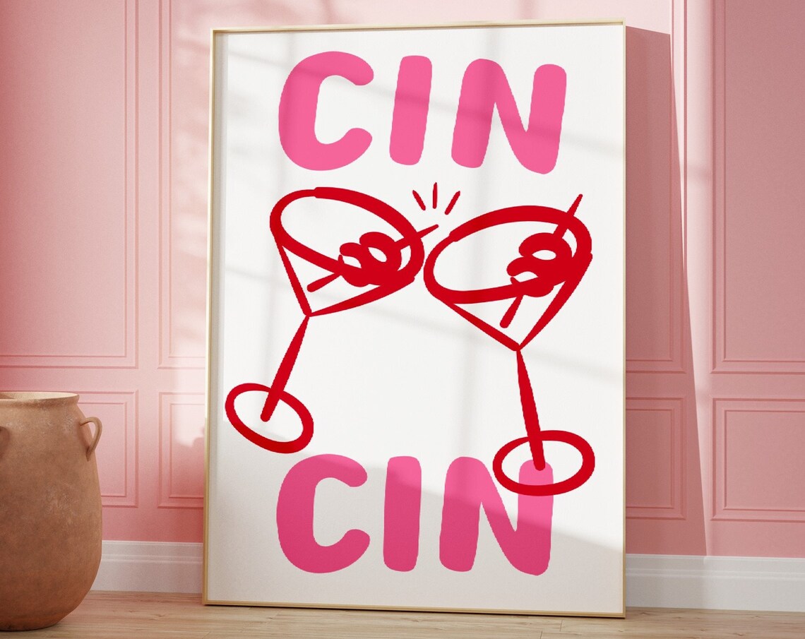 Cin Cin Red Martini Glass Cheers Pink Retro Cocktail Bar Poster