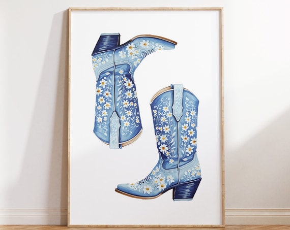 Blue Cowgirl Boots Print Blue Coastal Cowgirl Orint Granddaughter Print Preppy Daisies Nursery Art Dorm Room Poster Western