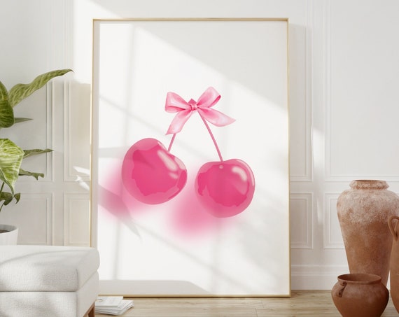 Cherry Wall Art Red Pink Bow Print Cherries Print Pink Ribbon Print Coquette Room Decor Pink Preppy Wall Art Trendy