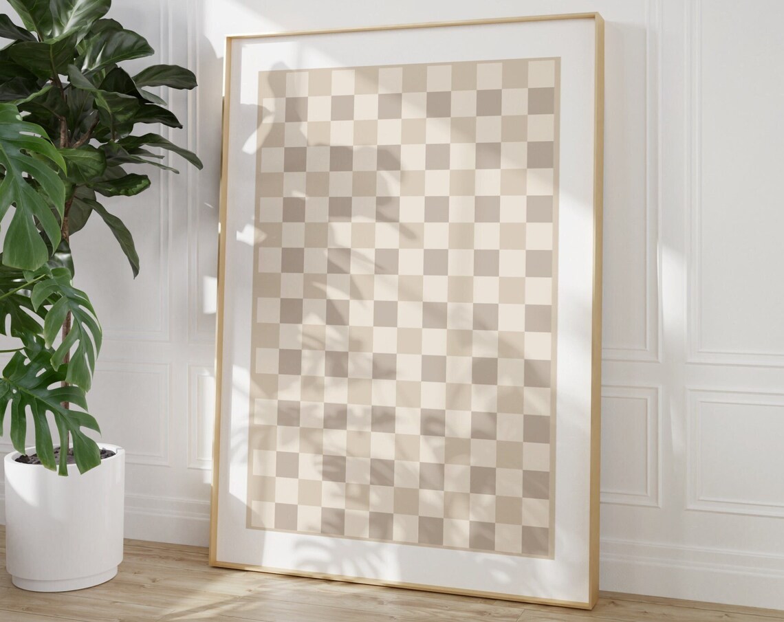 Checkered Wall Art Beige Retro Checkerboard Art Print