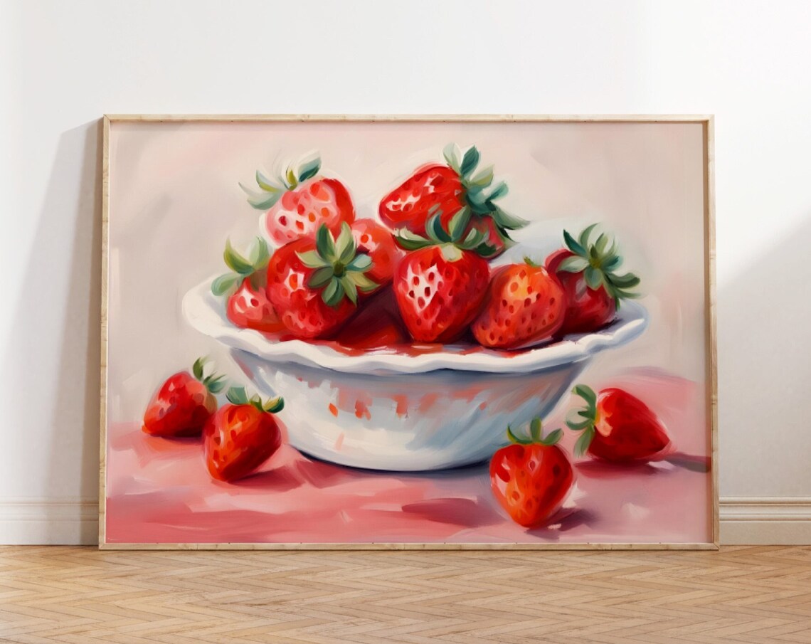 Juicy Strawberry Bowl Watercolor Pink Kitchen Fruit Art Poster