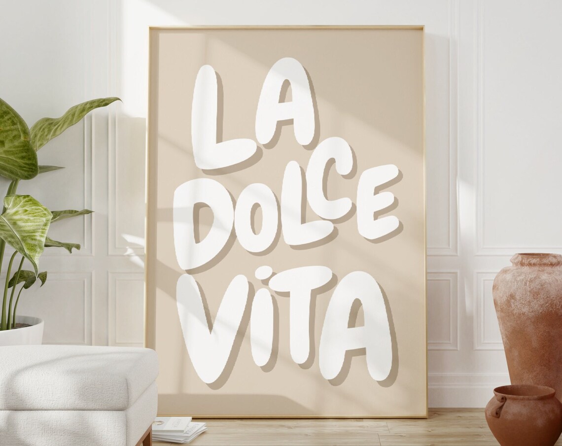La Dolce Vita Retro Bubble Letter Poster Beige Neutral Italian Decor