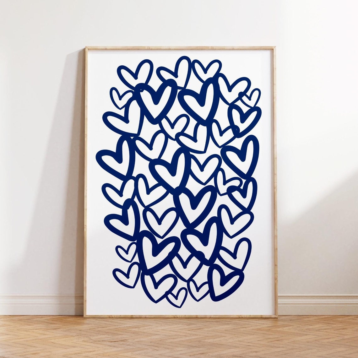 Navy Hearts Outline Pattern Preppy Blue Love Poster Retro Room Decor
