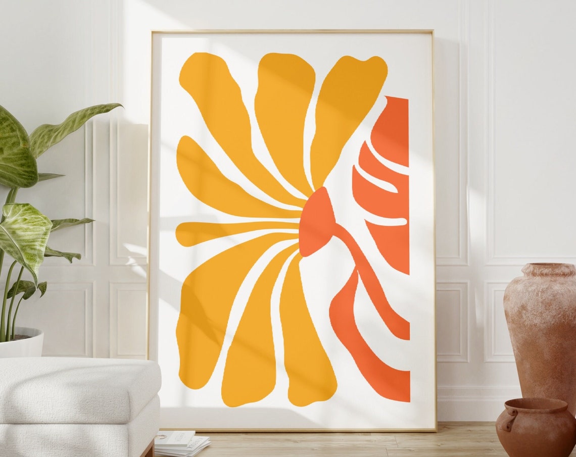 Abstract Retro Flower Yellow Orange Danish Pastel Wall Art Boho Decor
