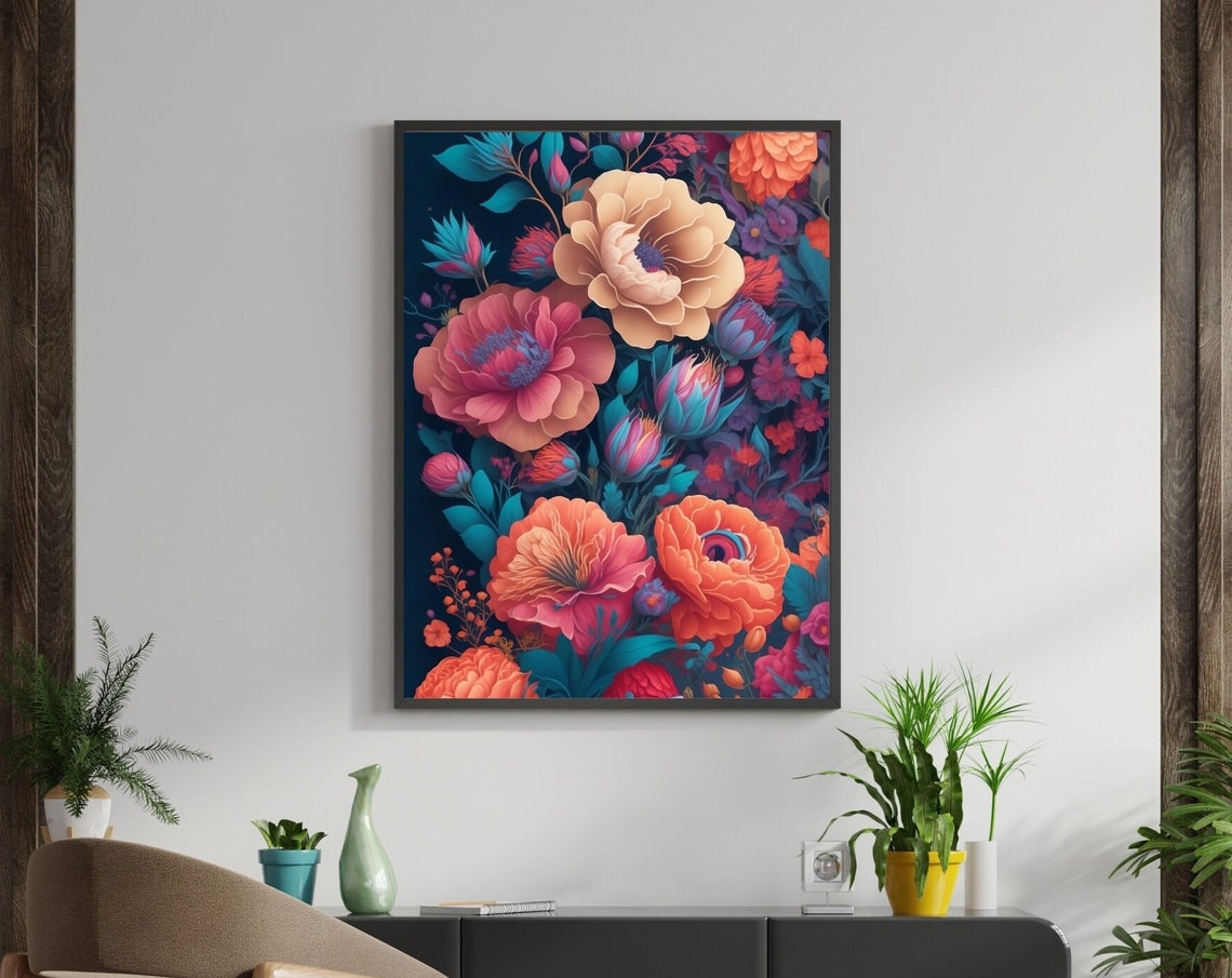 Boho Floral Peony Poppy Dark Botanical Night Garden Art Poster - Image 3