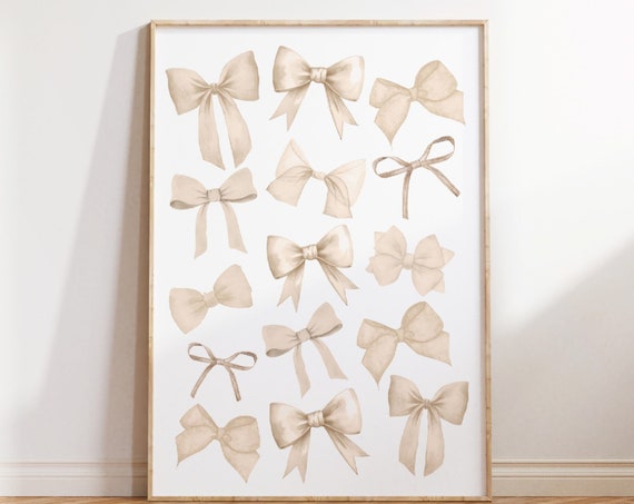 Beige Bow Print Preppy Wall Art Teen Room Decor White Bow Print Pastel College Apartment Decor Nursery Girly Wall Art Beige Bows Poster
