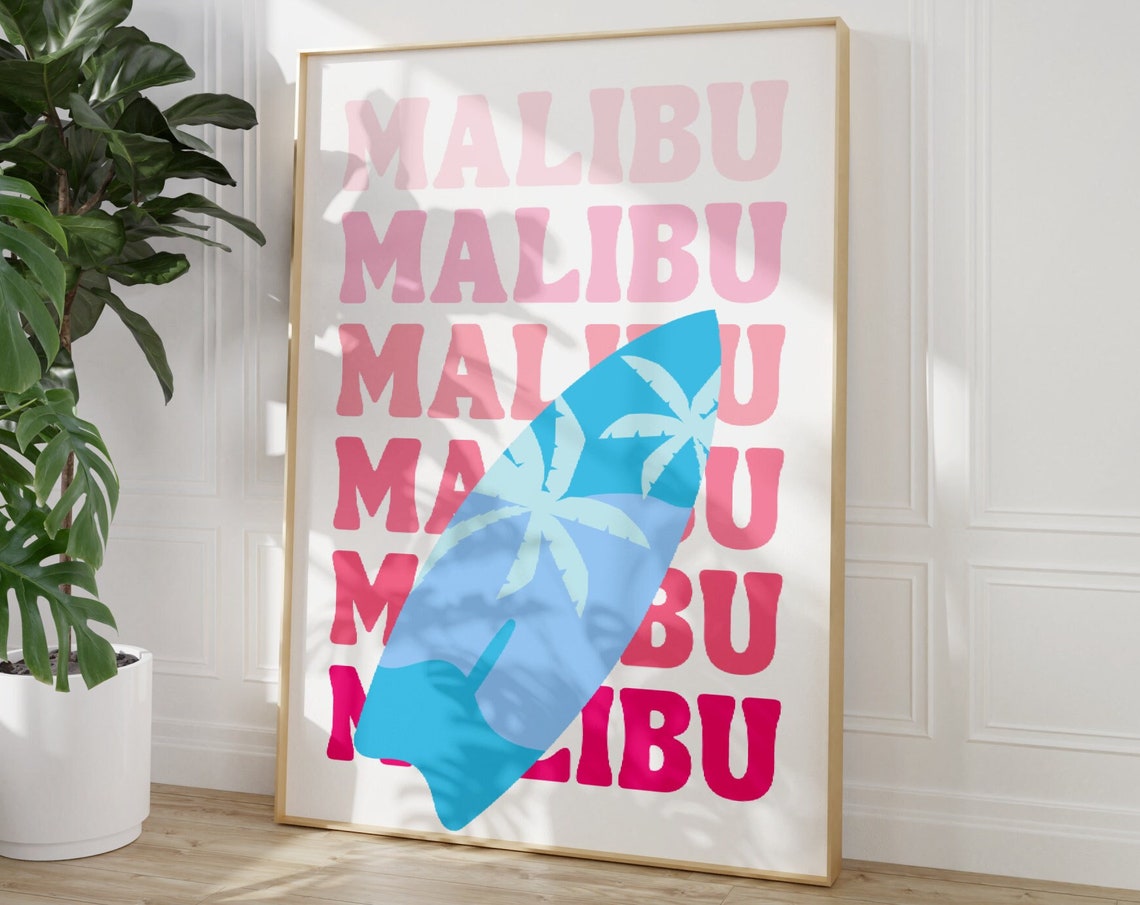 Malibu City Travel Print Art Pink Blue Malibu Travel Exhibition Print Trendy Wall Print Usa Malibu Poster Dorm Room Decor - Image 3