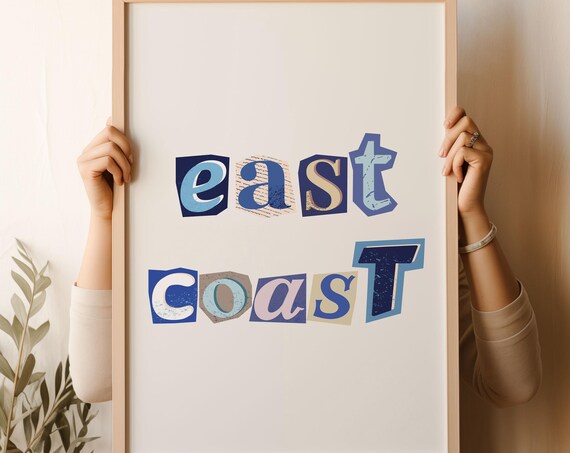 East Coast Ransom Letter Style Blue Typography Coastal Wall Poster