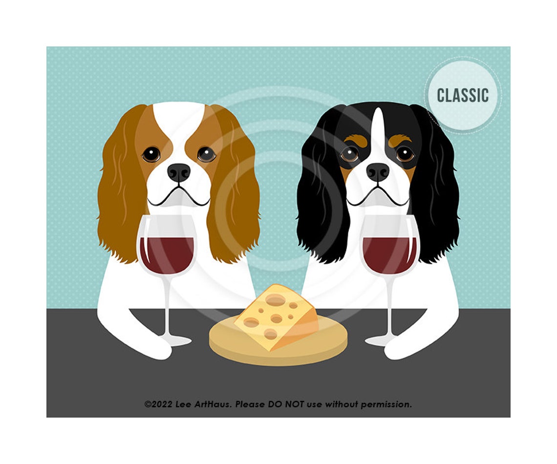 Two Cavalier King Charles Spaniels Sharing Wine and Cheese Poster