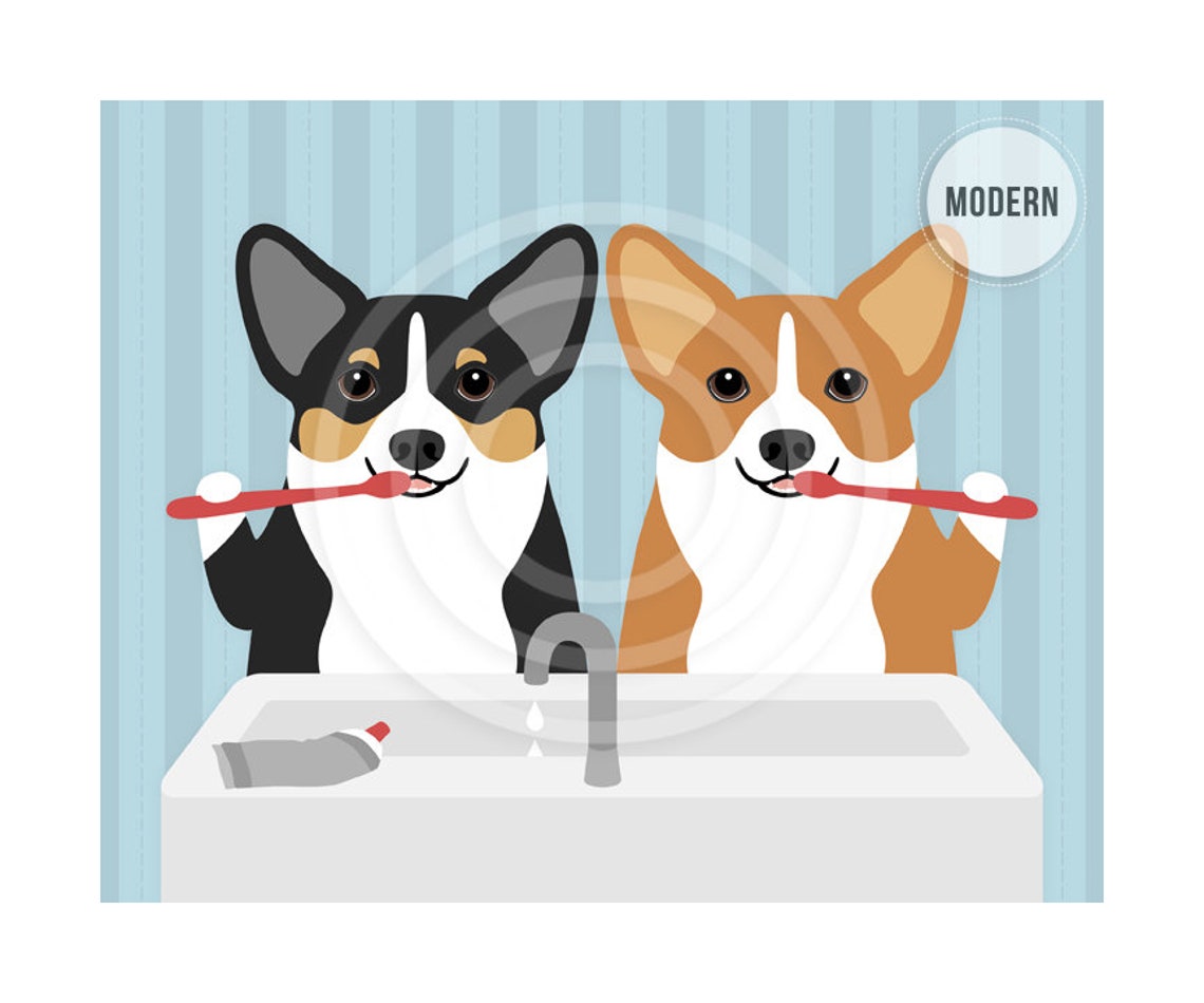 Two Corgis Brushing Teeth At Sink Funny Dog Bathroom Art Poster