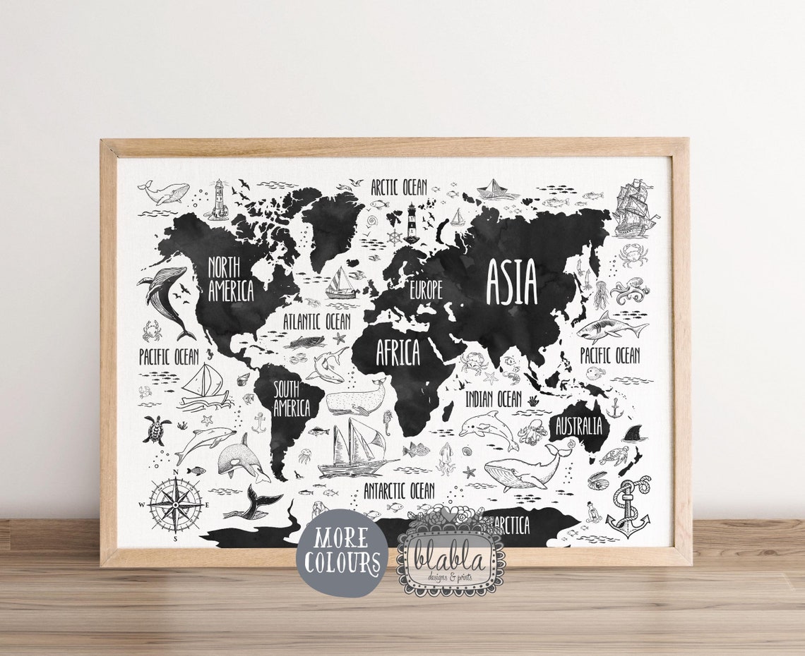 Blue Watercolour Nautical World Map With Sea Creatures Poster - Image 2