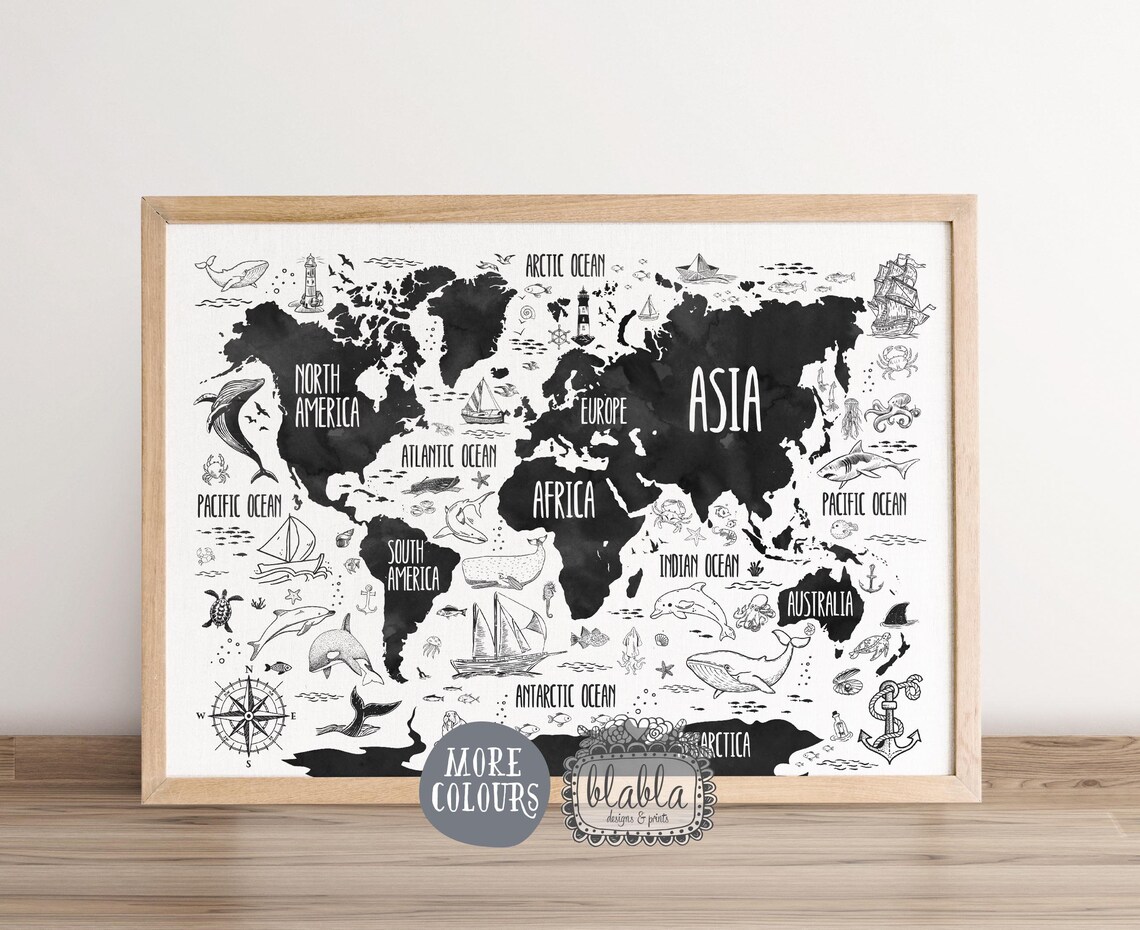 Kids World Map, Nautical Nursery Watercolor Art Print - Image 2