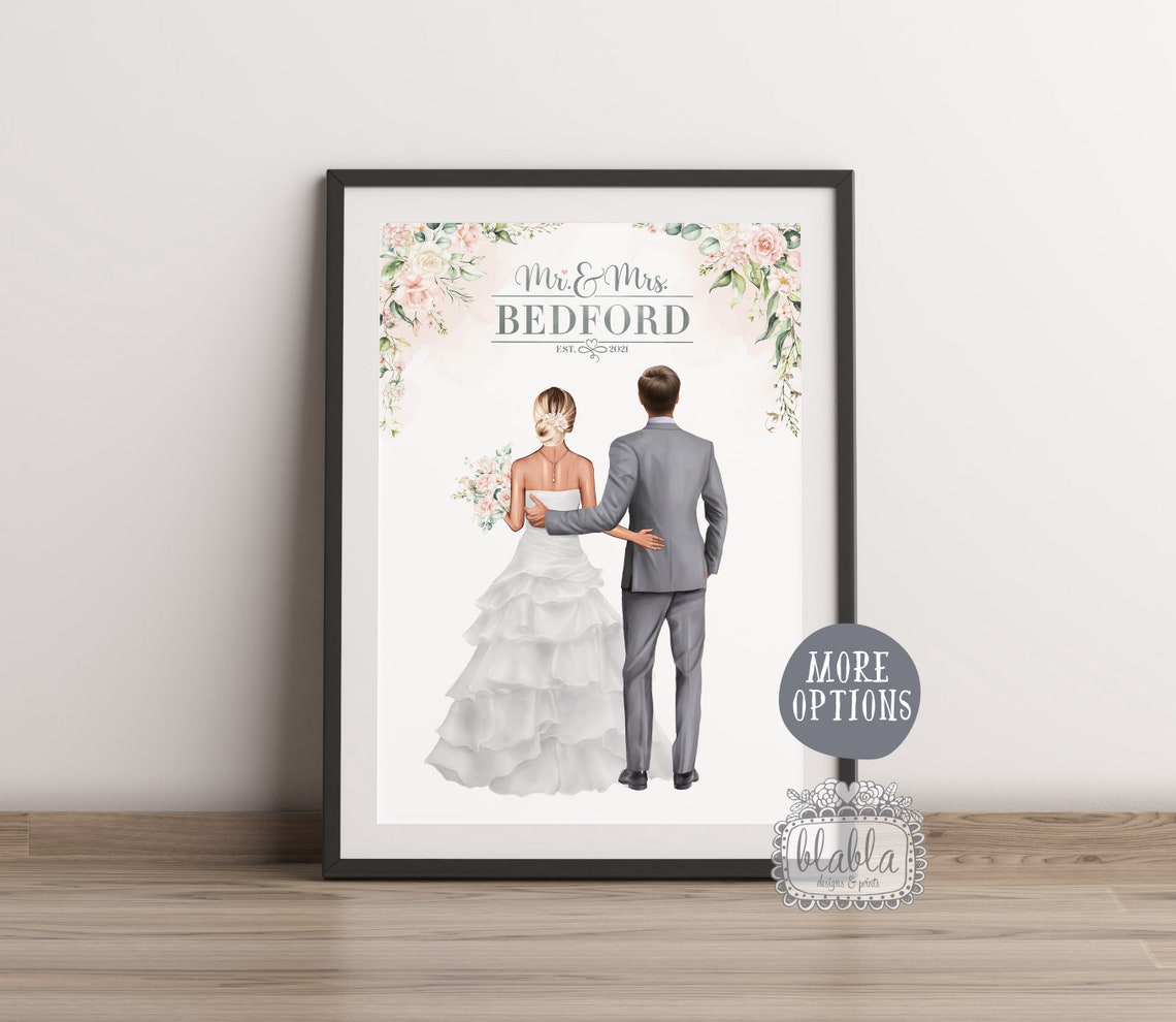 Personalised Mr and Mrs Wedding Poster With Bride Groom Floral Frame - Image 2