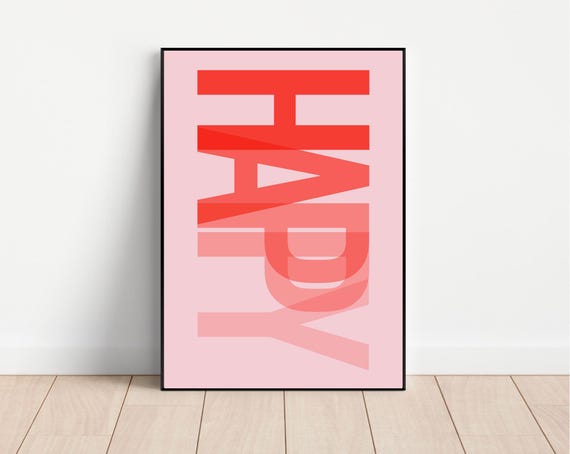 Happy Life Pink Red Pink Minimalist Print Turquoise Neon Yellow Bold Simple Hi Wall Art Entrance Decoration Welcome Poster